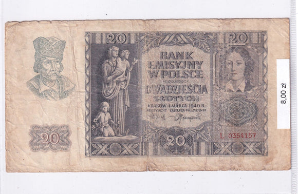 1940 - Polska - 20 Złotych <br> L 0354157