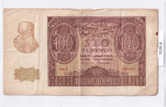 1940 - Polska - 100 Złotych <br> E 6554151